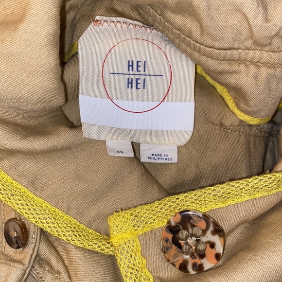 Anthro Hei Hei Khaki Tiered Swing Neon Yellow Mesh Accented Tie Cuff Trench Coat - Picture 8 of 16